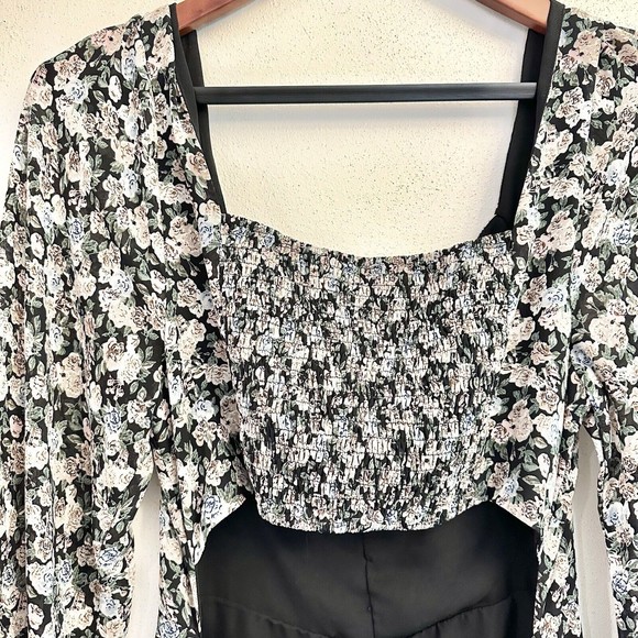 Lush Womens MIDI Dress W/ Puff Sleeve In Black Multi Floral- Size Large - Picture 9 of 14